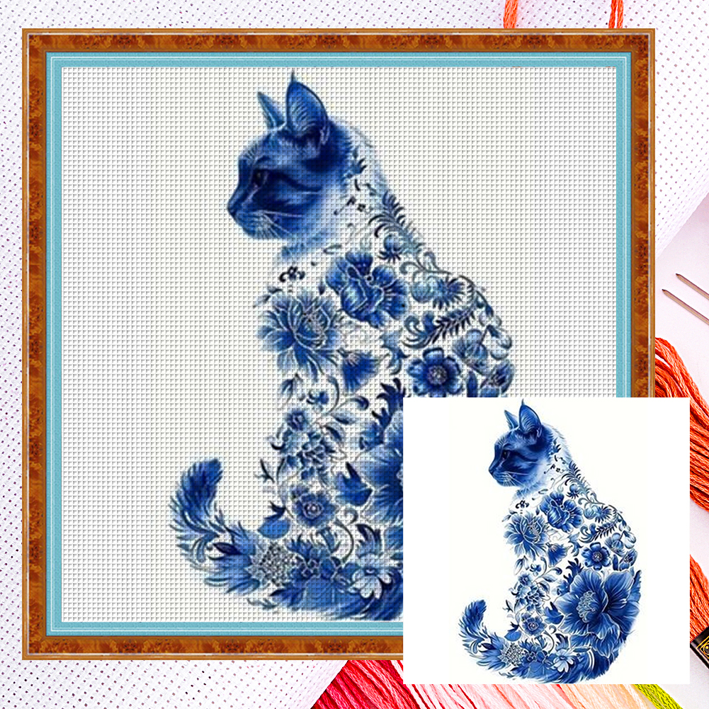 Blue And White Porcelain Cat Full 11CT Counted Canvas(40*40cm) Cross Stitch