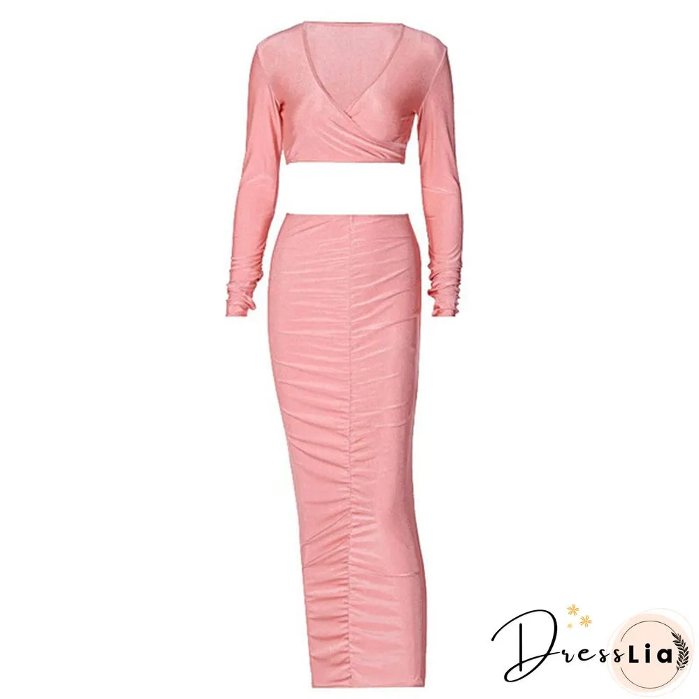 Neck Ruched Party Co-Ord Sets Women Clubwear Long Sleeve Bodycon Skinny Crop Top And Skirt