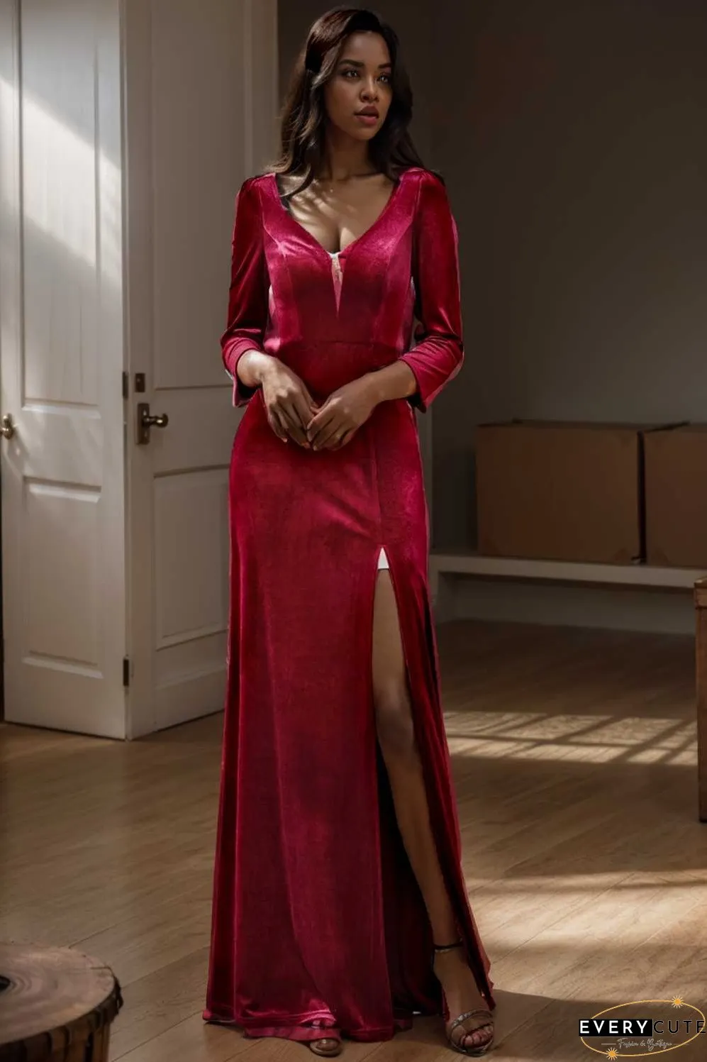 velvet 3 4 length sleeve illusion v neck front slit evening dress