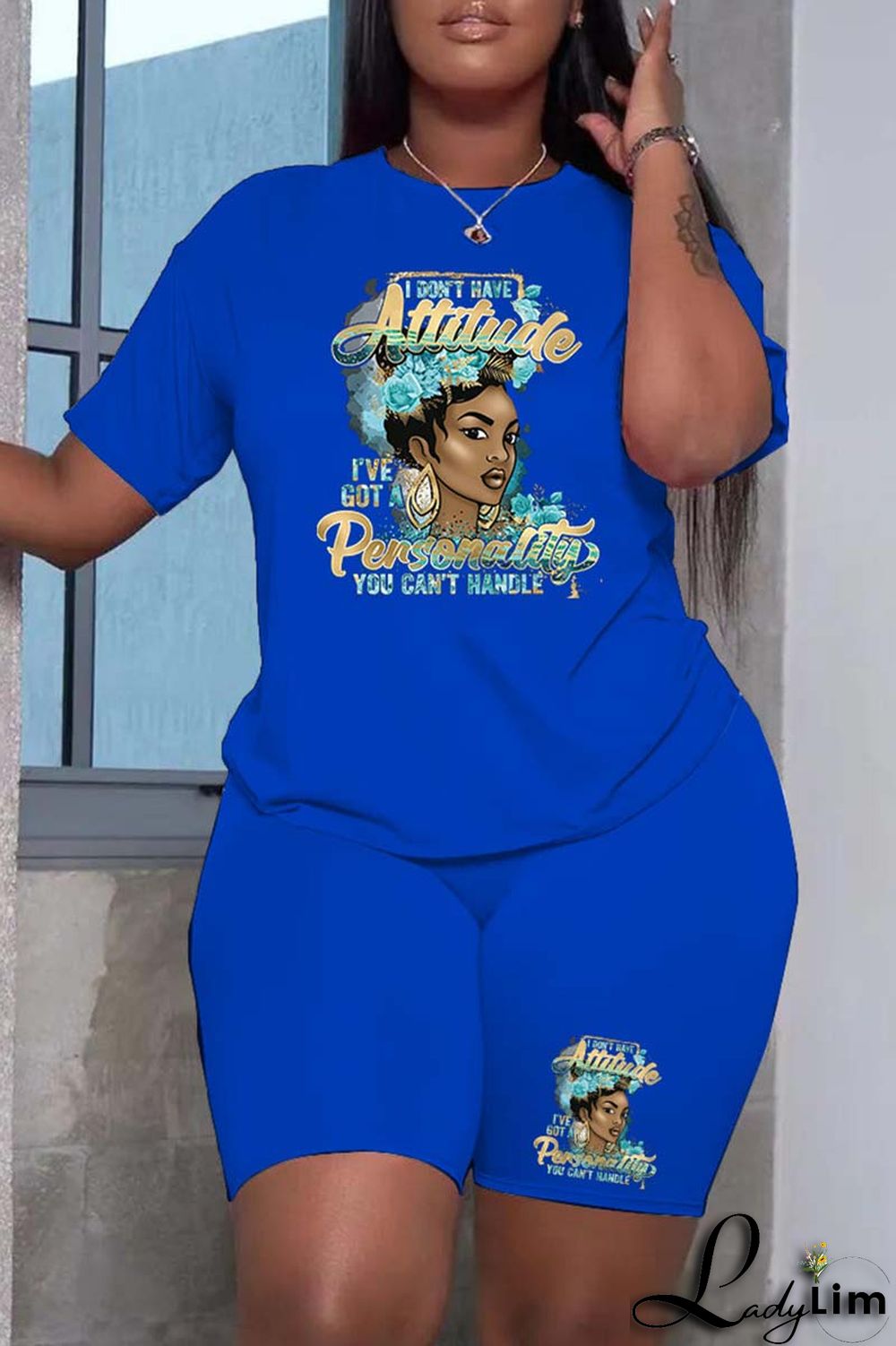 Black Fashion Casual Print Patchwork O Neck Short Sleeve Plus Size Two Pieces