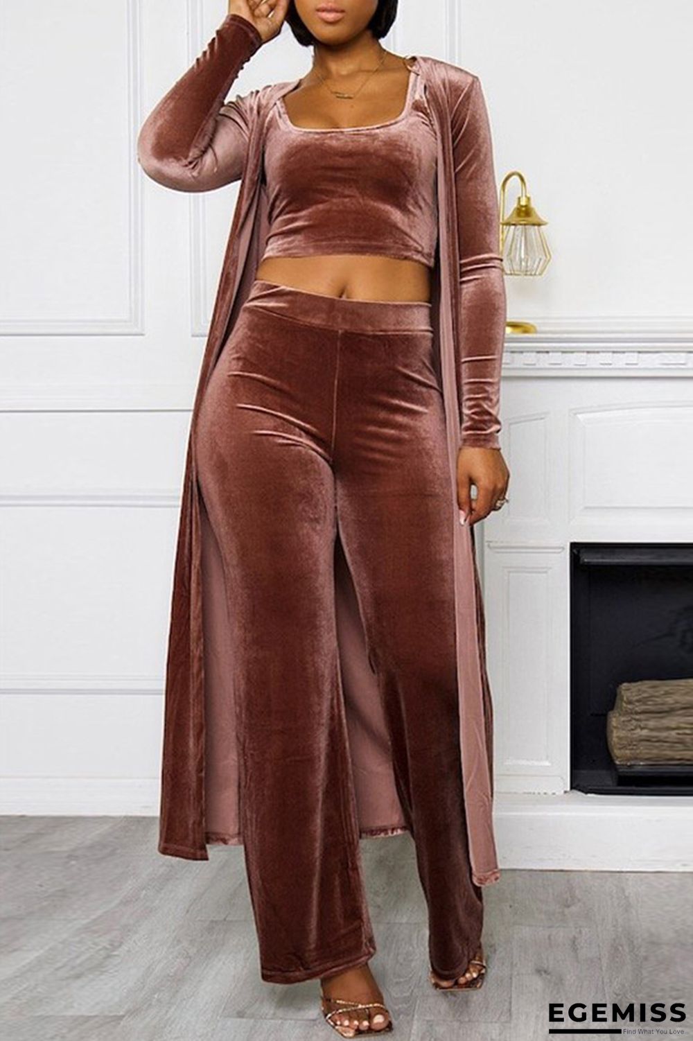 Brown Fashion Casual Solid Cardigan Vests Pants U Neck Long Sleeve Three-piece Set | EGEMISS