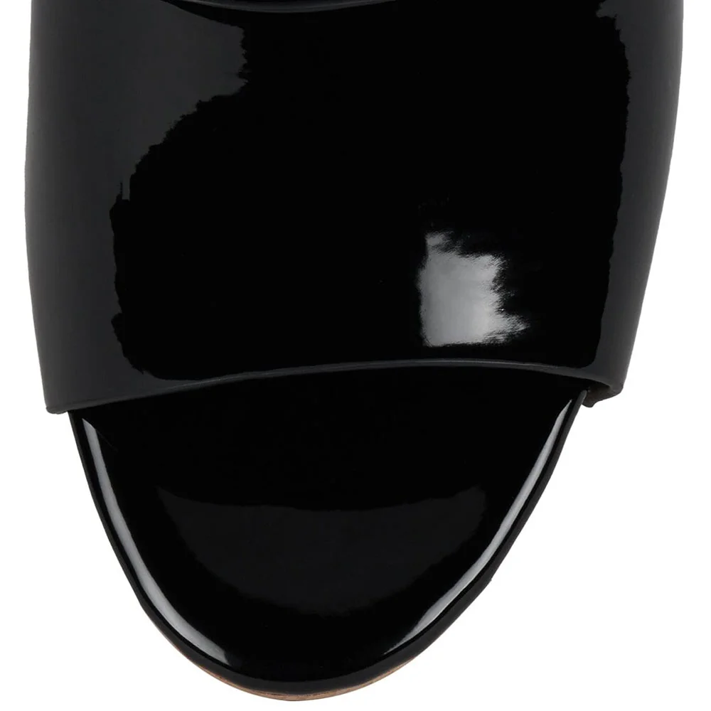 Black Patent Leather Open Toe Spool Heel Platform Slide Sandals