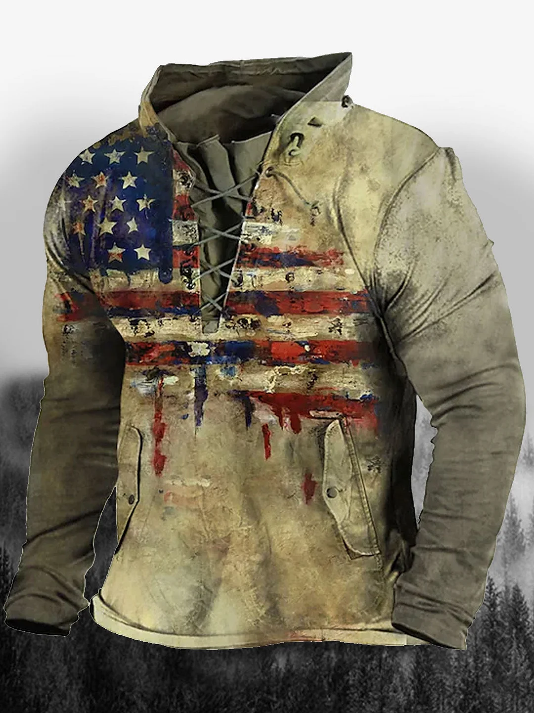 Mens Turtleneck Graphic Print Flag Lace-Up Pocket Sport and Casual Everyday Sweatshirt
