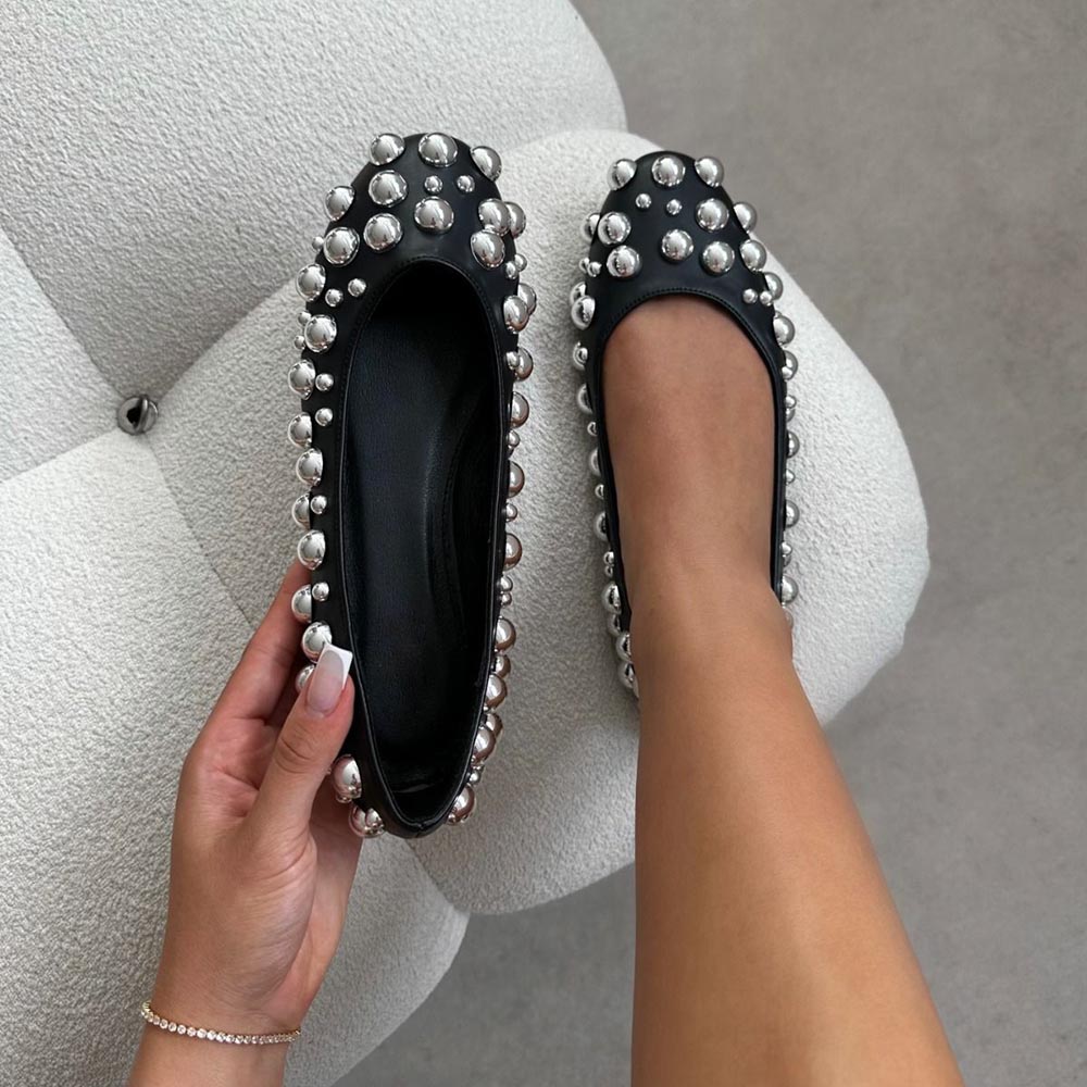 Black Vegan Leather Round Toe Flats with Silver Studs Nicepairs