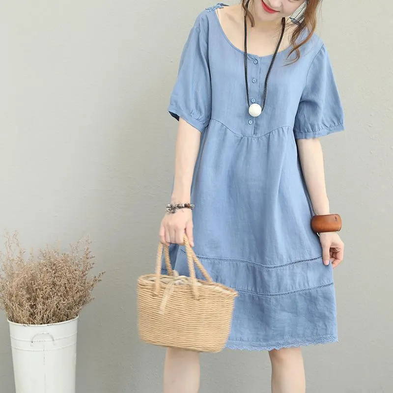 stylish light blue linen shift dress oversize shirt dress women patchwork lace hollow out linen cotton dress