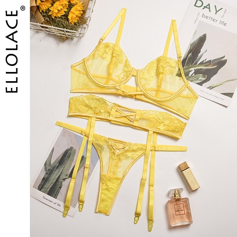 Ellolace Exotic Women's Underwear Transparent Bra Sensual Lingerie 3 Piece Set Sexy Lace Brief Sets Hollow Bilizna Langerie