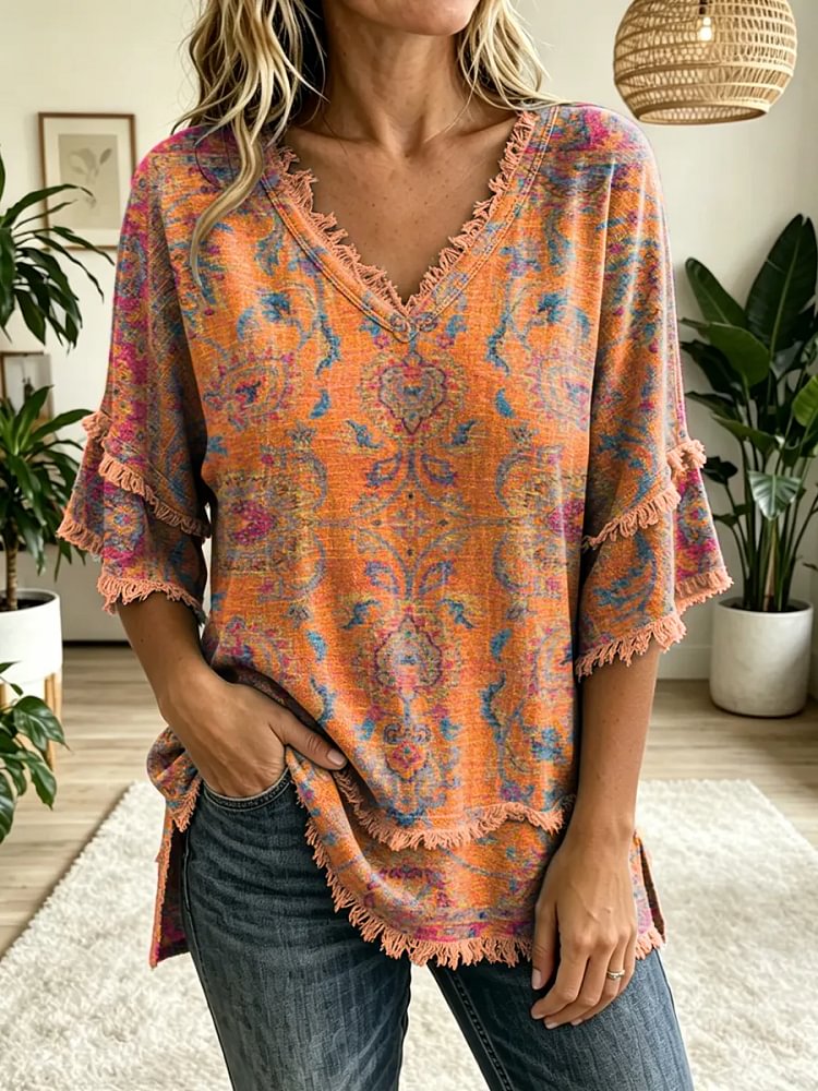 Women's Vintage Folk Art Print V-Neck Tasseled Cotton Top