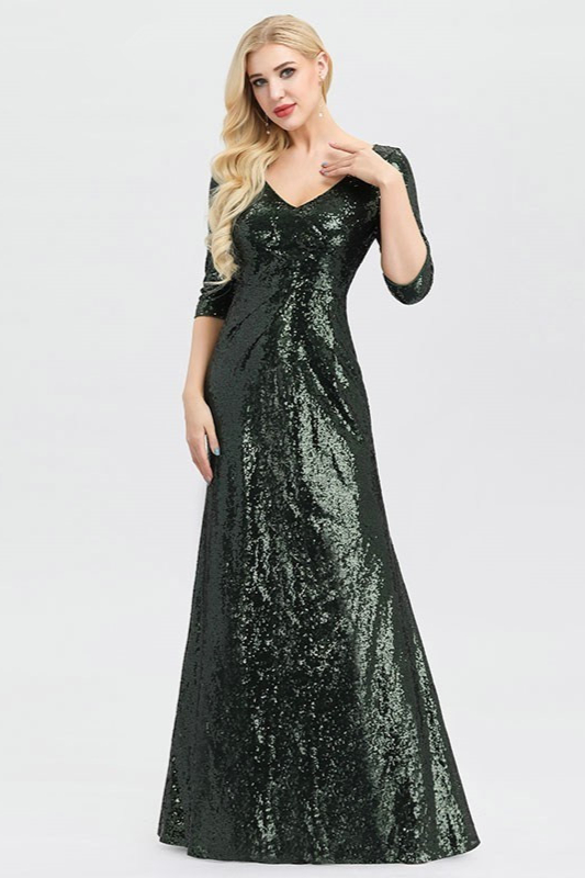 Bellasprom Green Prom Dress Sequins Mermaid V-Neck Evening Gowns Half Sleeve Bellasprom