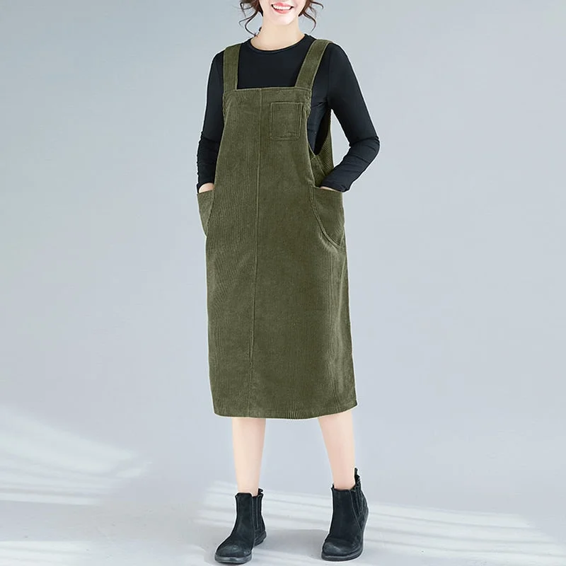 Women Corduroy Overalls Dress ZANZEA Vintage Straps Suspenders Sundress Autumn New Solid Sleeveless Pockets Midi Vestidos
