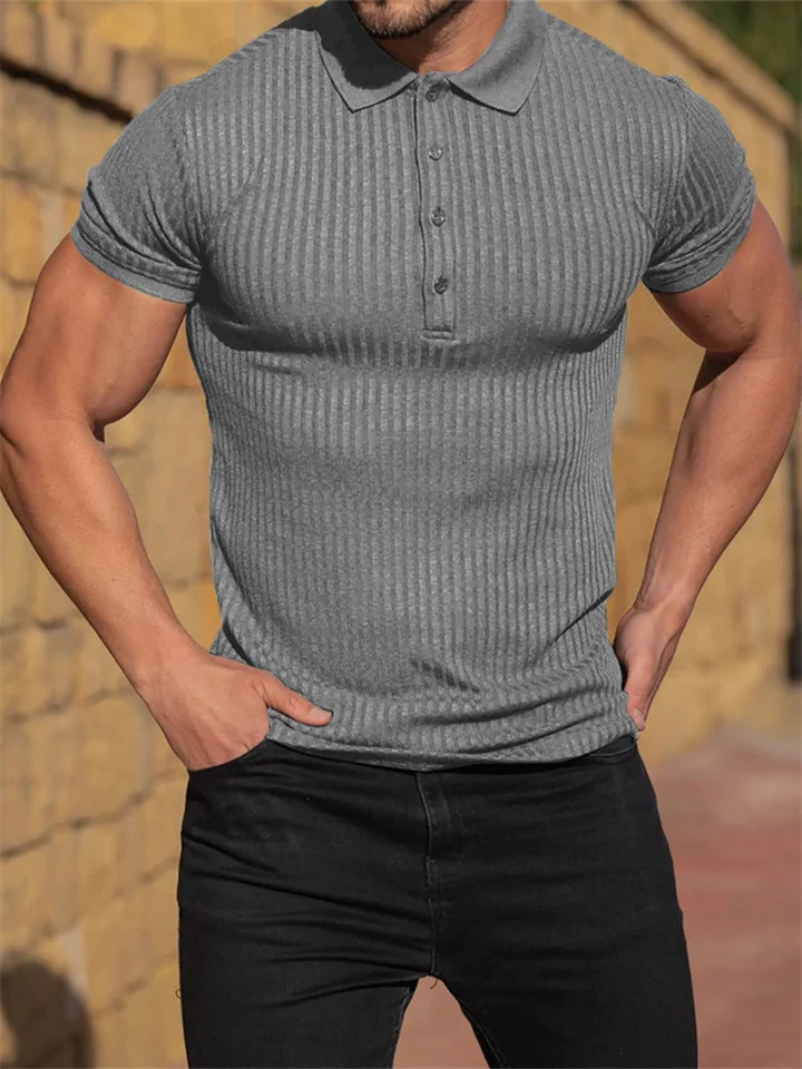 Men's Summer Sports Fitness Leisure Stretch Vertical Stripes Solid Color Short-sleeved Polo Shirt S M L XL 2XL 3XL 4XL 5XL-Cosfine