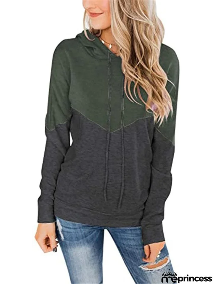 Women Color Block Drawstring Long Sleeve Pullover Hoodie