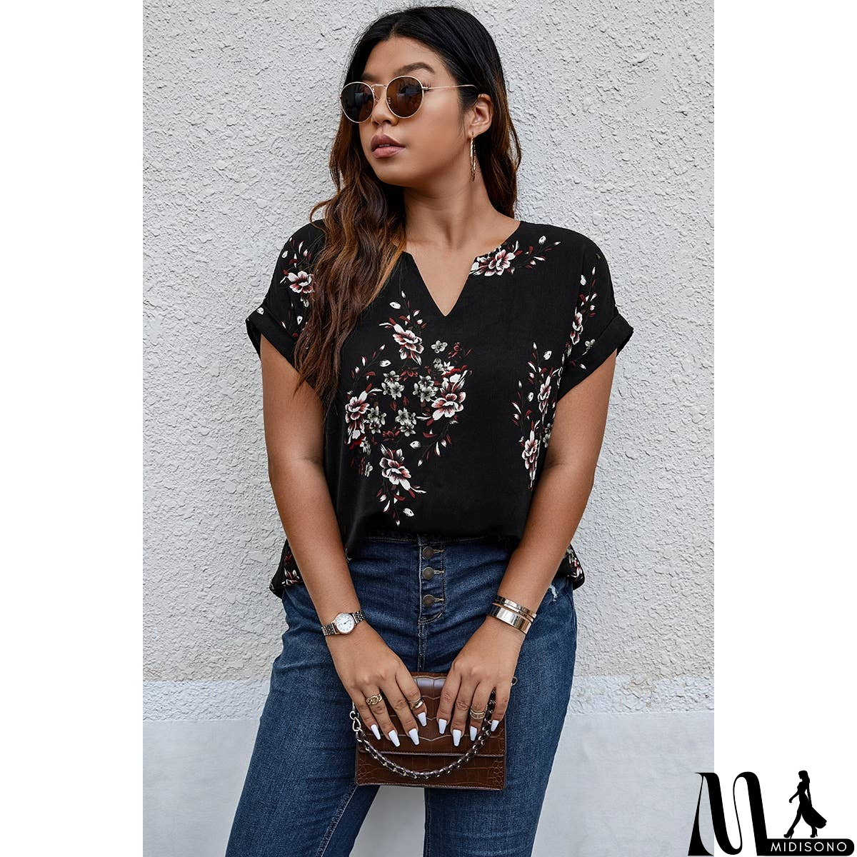 MidiSono - Plus Size Floral Print V Neck Loose Blouse