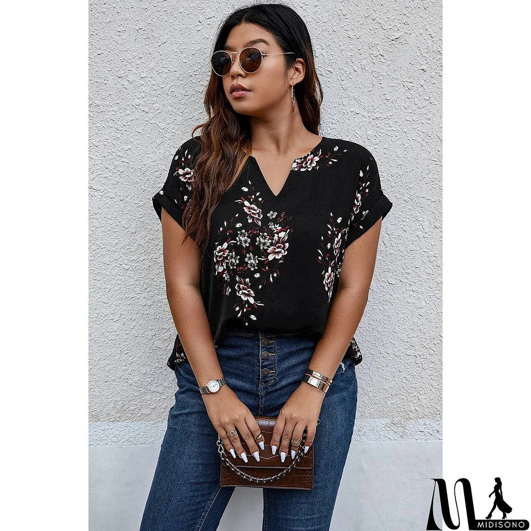 MidiSono - Plus Size Floral Print V Neck Loose Blouse