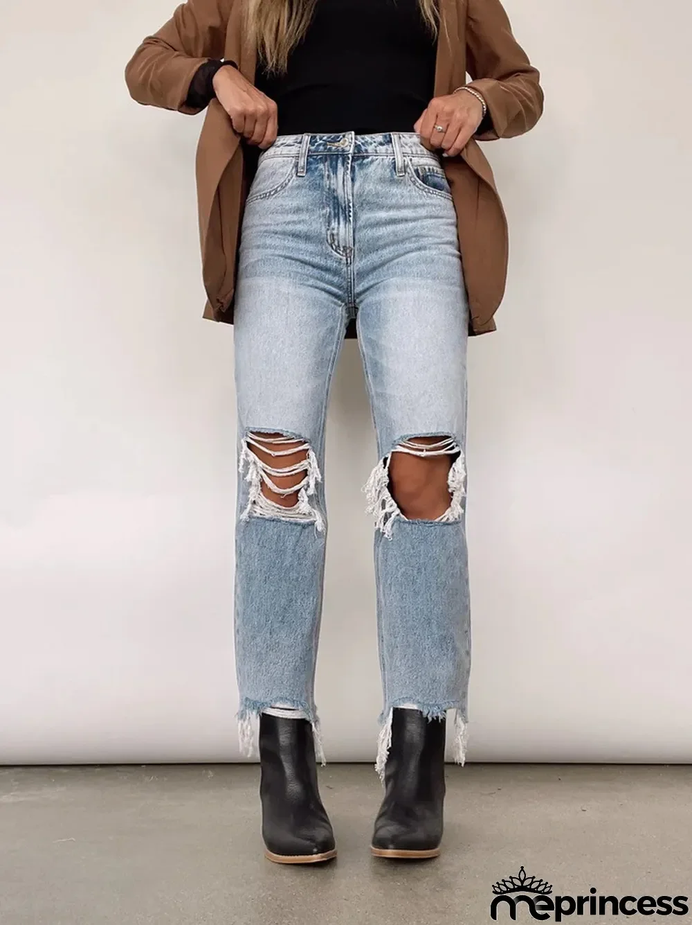 Women Vintage High Waist Ripped Straight Denim Pants