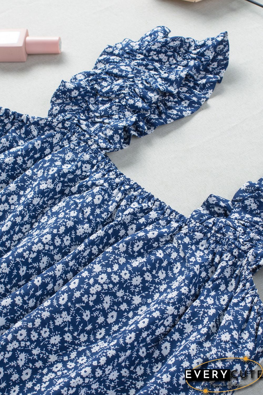 Sky Blue Floral Ruffled Straps Flowy Tank Top