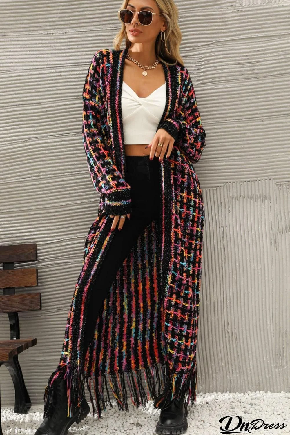 Multicolored Open Front Fringe Hem Cardigan