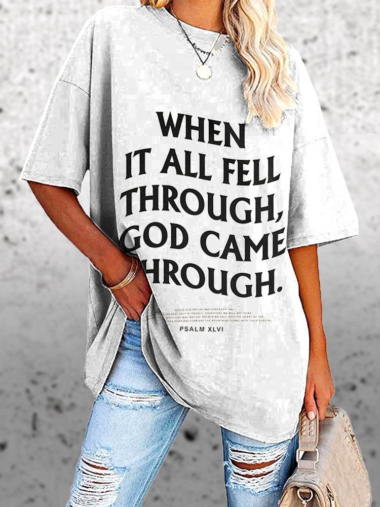 Light Grey God Came Through Letter Print Women's Round Neck T-Shirt