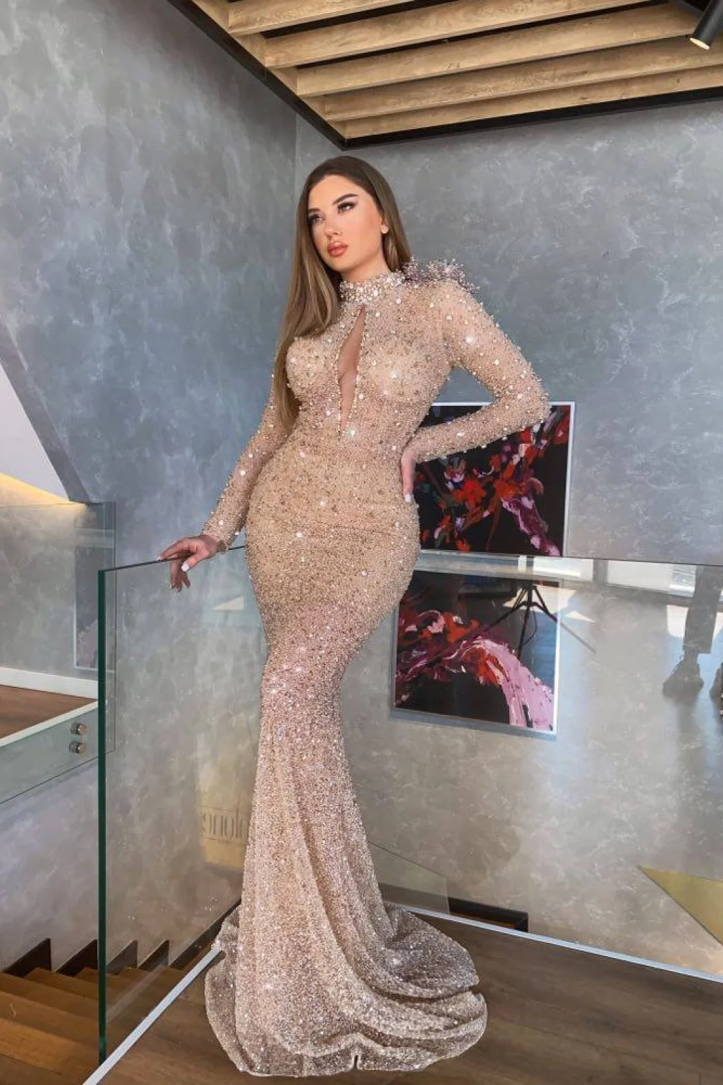 Luluslly Long Sleeves High Neck Prom Dress Keyhole Mermaid With Sequins Beads