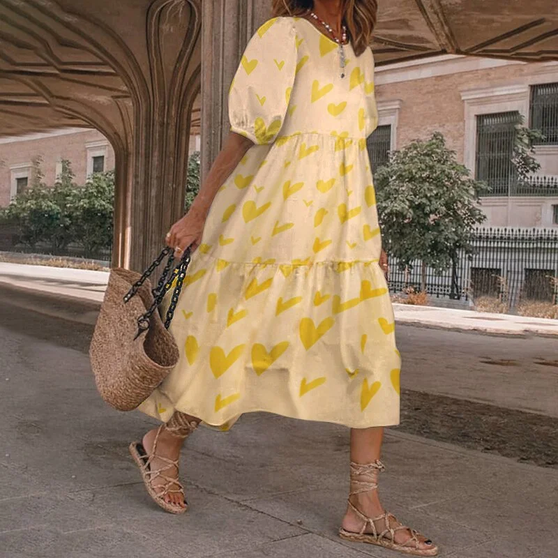 Summer Dress 2022 VONDA Fashion Women Short Sleeve Vintage Plaid Printed Sundress Robe Loose Bohemian Pleated Mid-Calf Vestidos