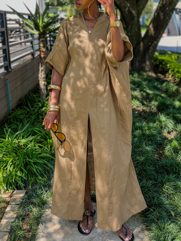 Loose Short Sleeves Solid Color Split-Front V-Neck Maxi Dresses