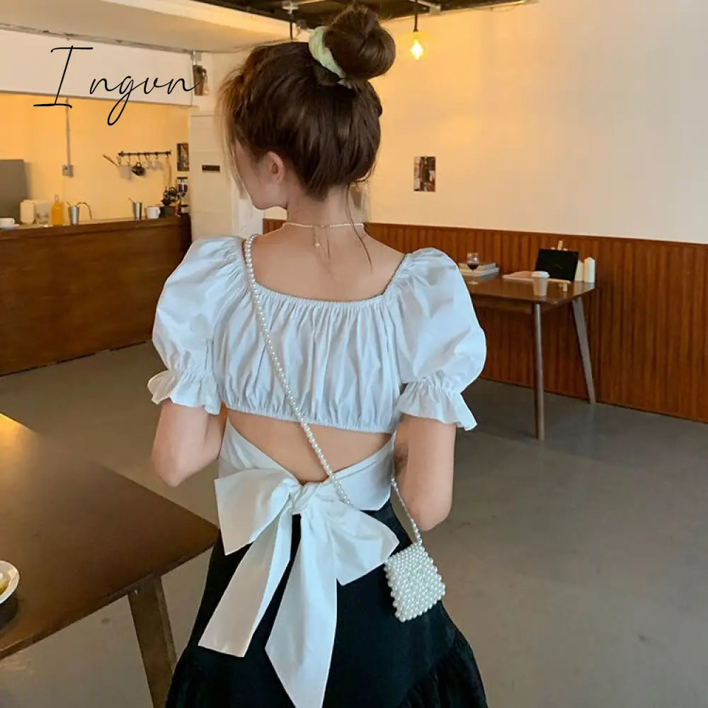 Ingvn - Women Spring Fashion Back Puff Sleeve Shirts Autumn French Bow Bandage Blouses New Black