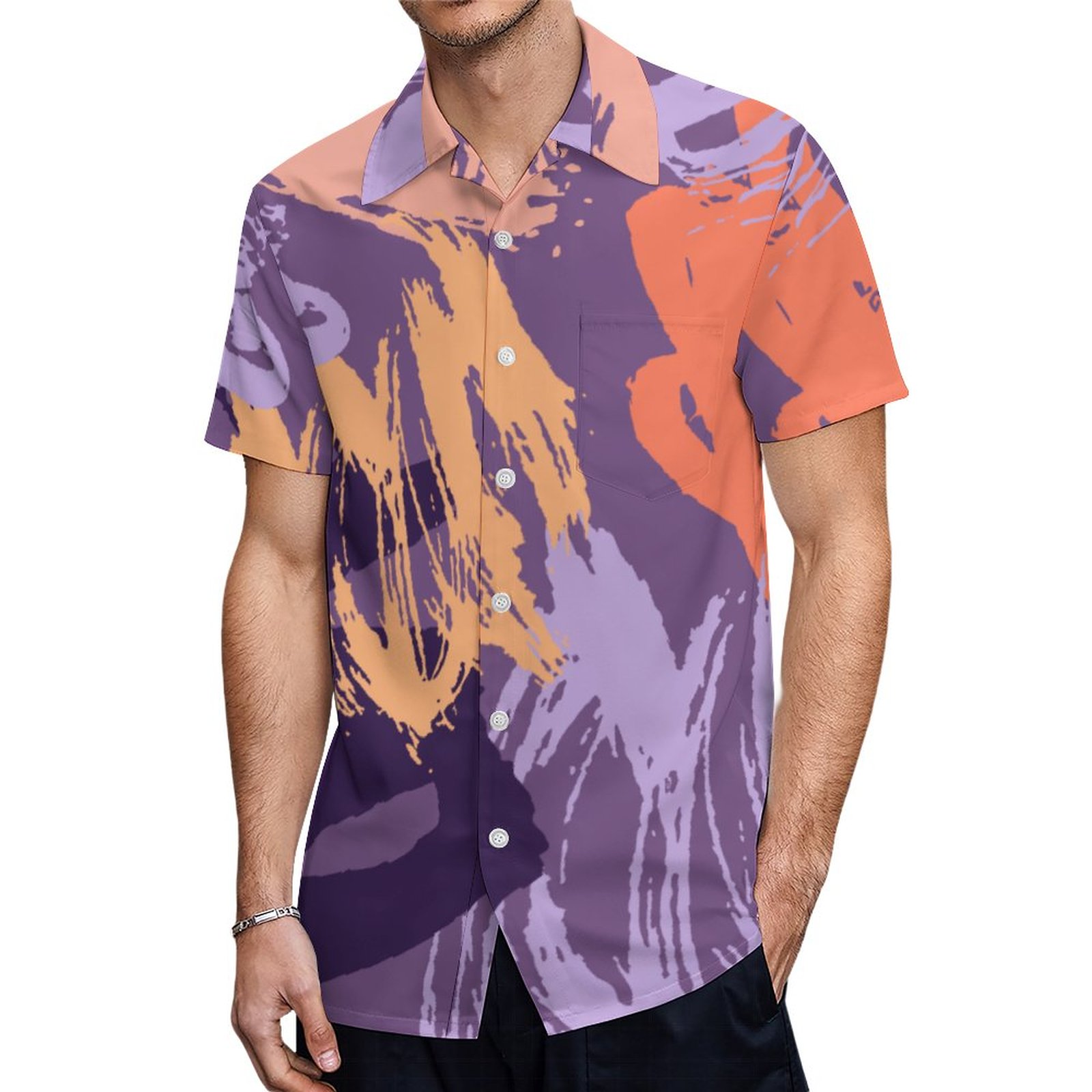 Coral And Purple Abstract Brush Strokes Hawaiian Shirt Mens Button Down Plus Size Tropical Hawaii Beach Shirts