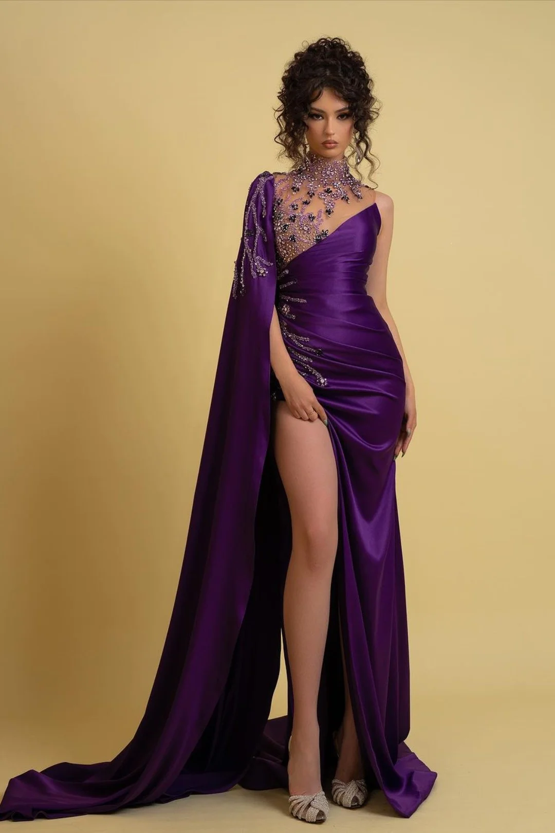 Lisliy Regency Charmeuse One-Shoulder Pleated Beaded Prom Dresss