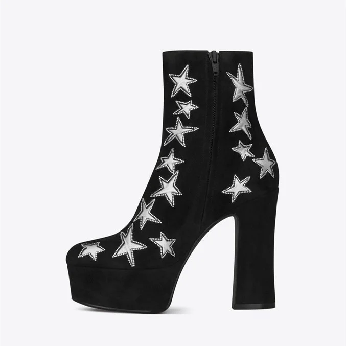Black Platform Silver Stars Chunky Heel Boots |FSJ Shoes