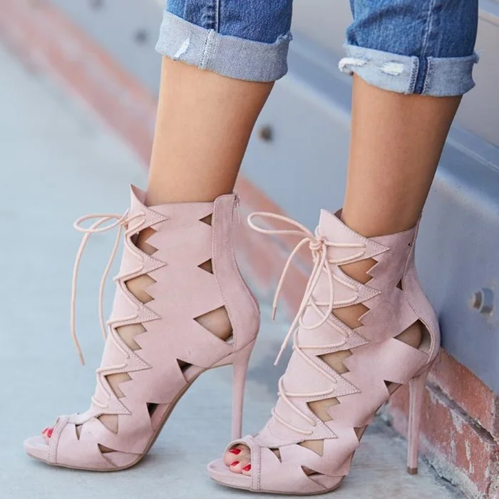 Pink Vegan Suede Lace Up Sandals Hollow out Peep Toe Booties |FSJ Shoes