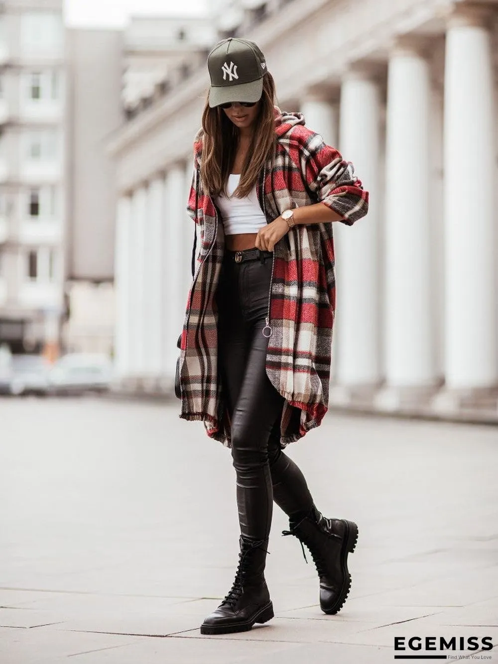 Casual Plaid Zip Long Sleeve Hooded Outerwear | EGEMISS