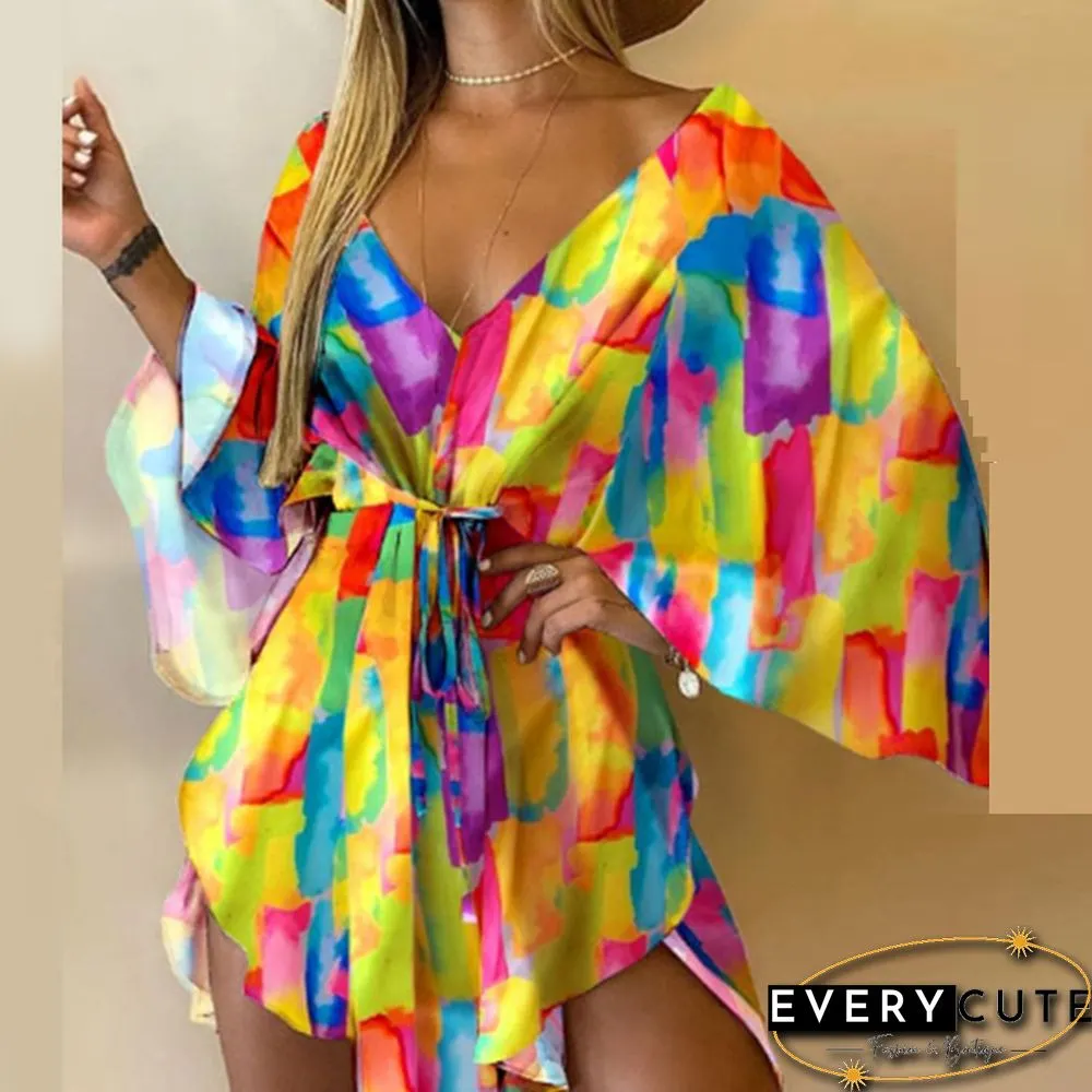 Casual Leaf Leopard Print Harajuku Batwing Sleeve Dress Lady Elegant Lace-Up Irregular