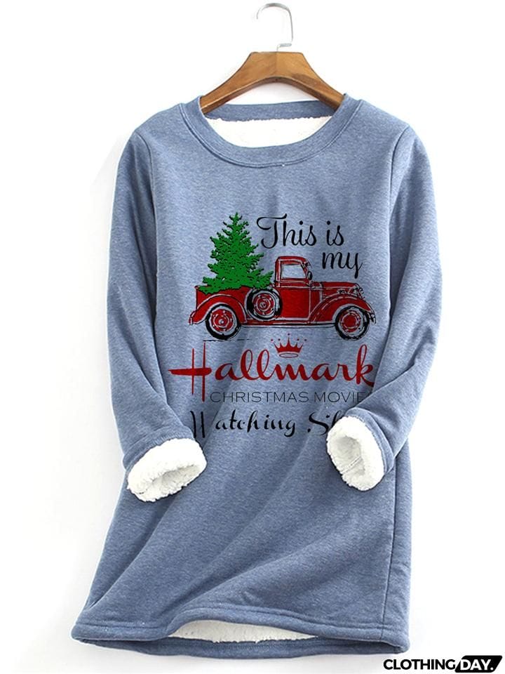 Warm Thick Faux Fleece Lining Christmas Car Print Sweatshirt