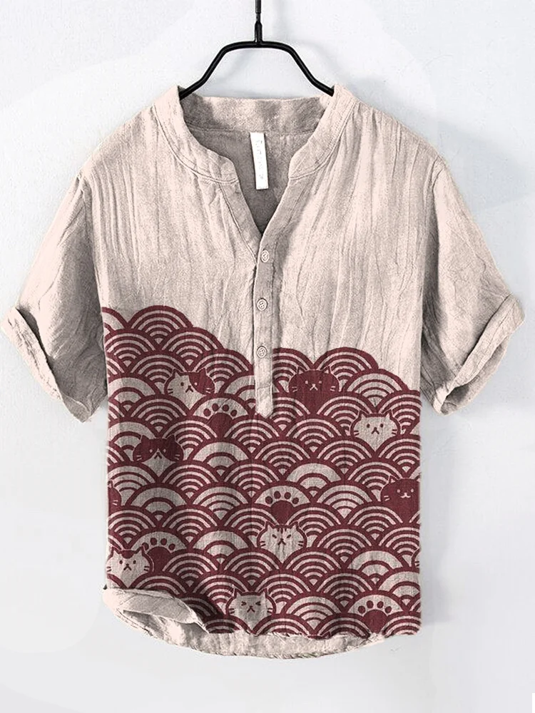 Cats & Waves Japanese Art Print Cozy Cotton Linen Shirt