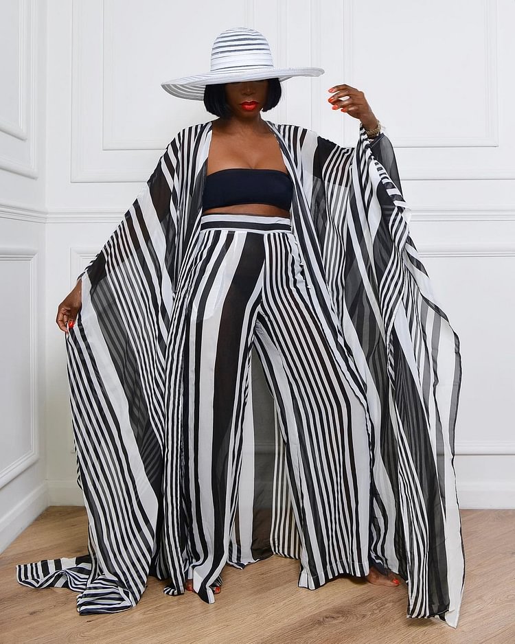 2 PCS Striped Long Sleeve Print Pants Set