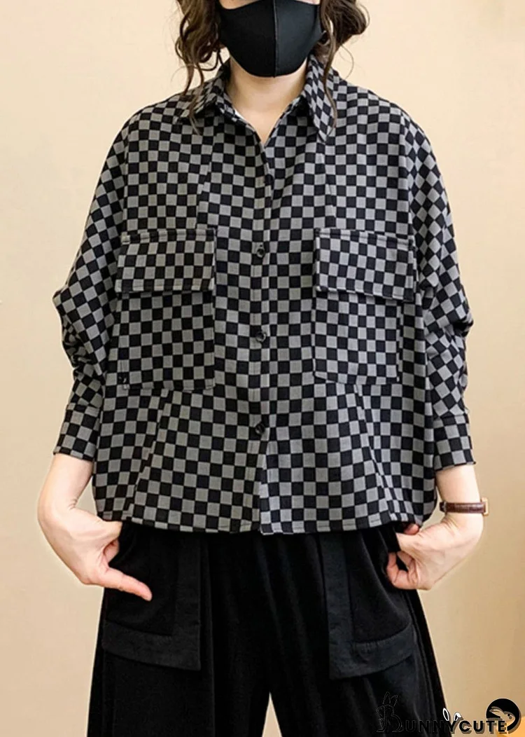 Plaid Print Patchwork Cotton Trench Peter Pan Collar Long Sleeve