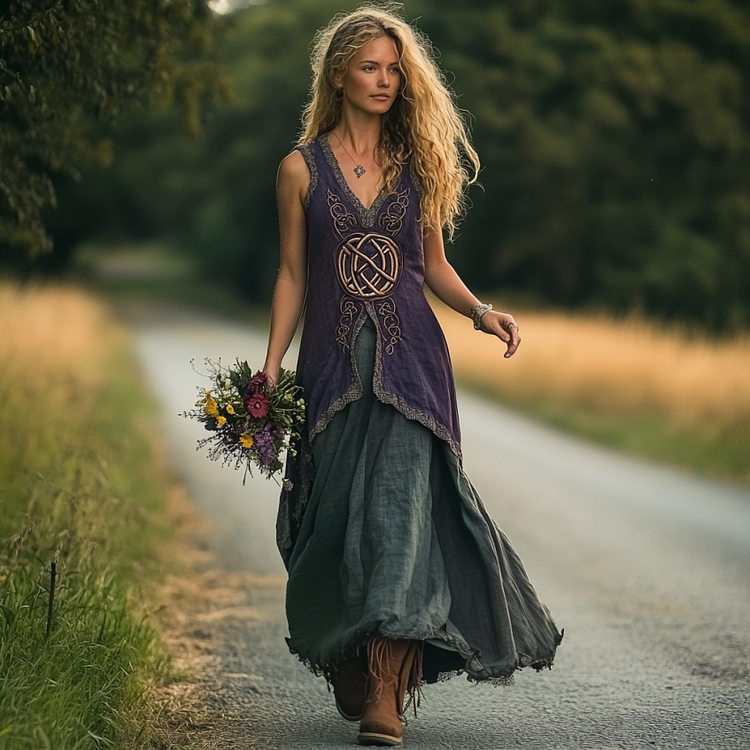 VChics Vintage Viking Tribal Celtic Knot Patchwork Art Linen Tank Dress