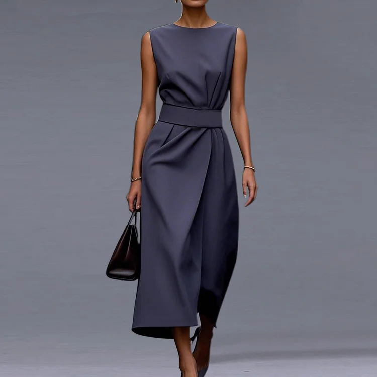Formal Solid Round Neck Sleeveless Belt Midi Dress
