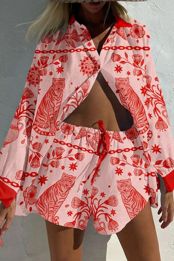 Holiday Pink Tiger Multi Print Button Up Lace Up Shorts Set
