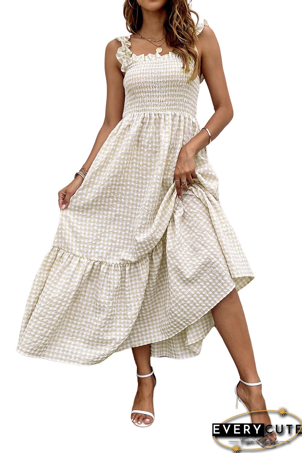 Khaki Plaid Ruffled Sleeve Smocked Maxi Dress