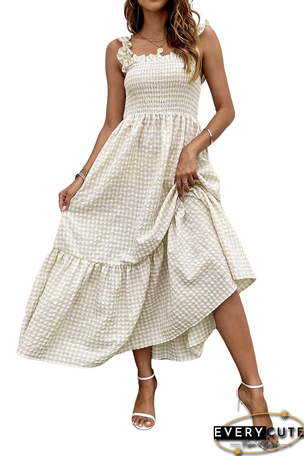 Khaki Plaid Ruffled Sleeve Smocked Maxi Dress