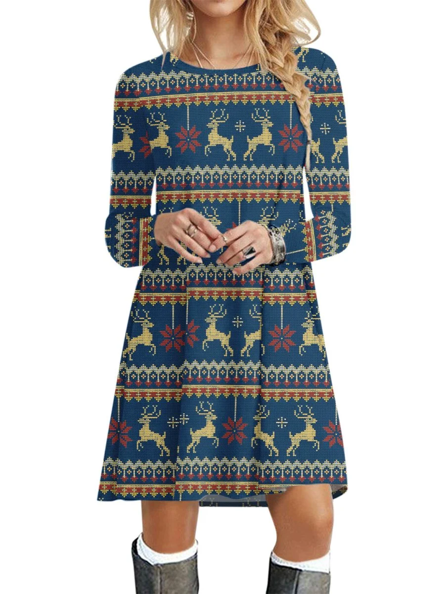 Women's Dress Round Neck Long Sleeve Christmas Printed Swing Dress