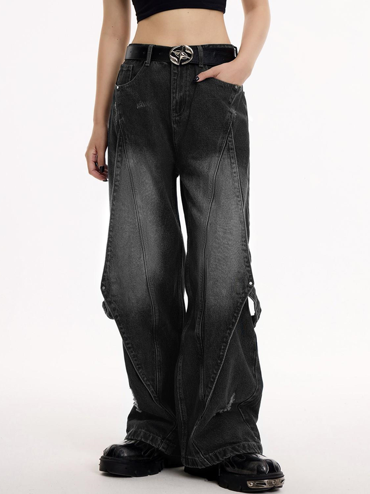 Gamezstake Women's Deconstructive Splicing Design Wide Leg Jeans Neutral Style High Waist Vintage Street Pants Female Straight Trousers 3XL