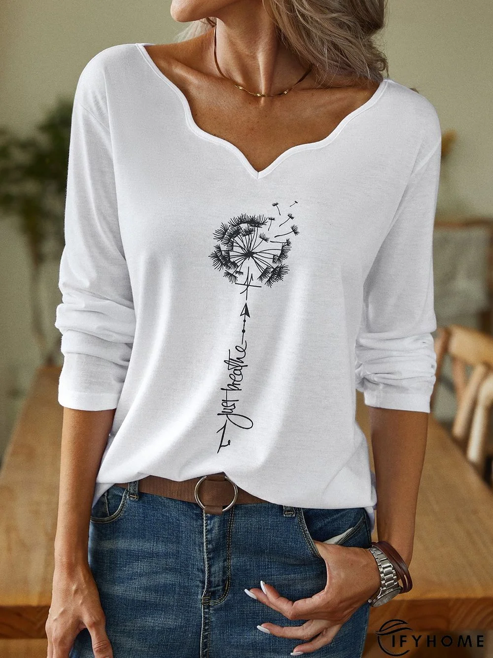 Casual Autumn Dandelion V neck Micro-Elasticity Loose Jersey Long sleeve H-Line Top for Women | IFYHOME