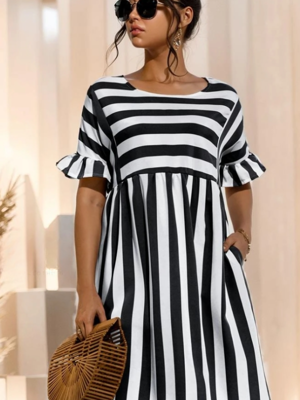 Stylish Beach Trumpet Sleeves Elegant Striped Mini Dress