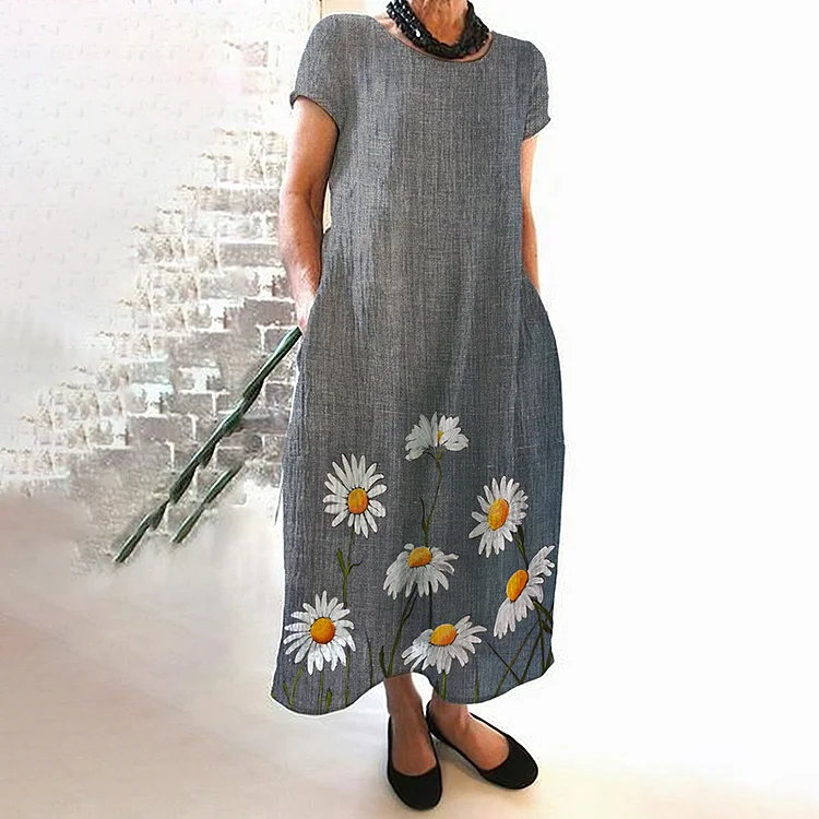 VChics Retro Loose Botanical Floral Print Linen Midi Dress