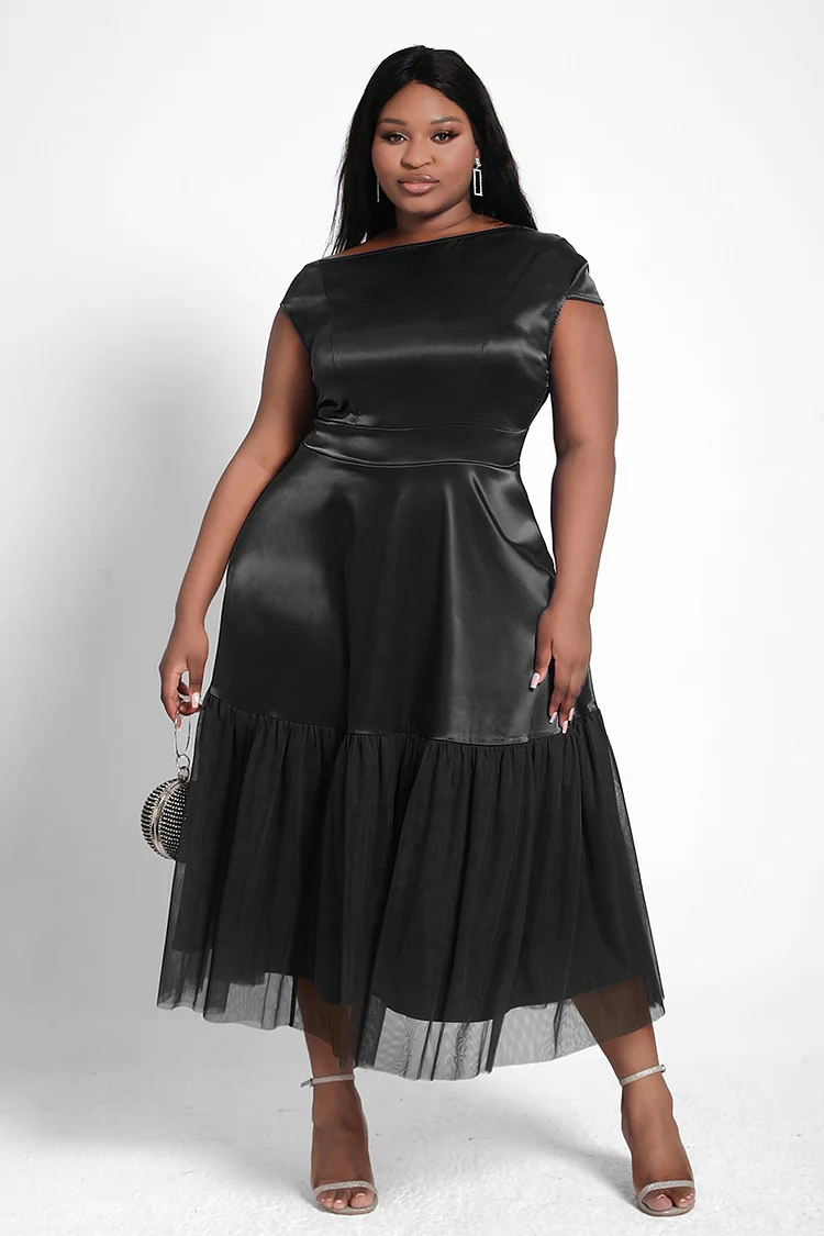 Xpluswear Design Plus Size Formal Black Elegant A-line Tulle Solid Midi Dress