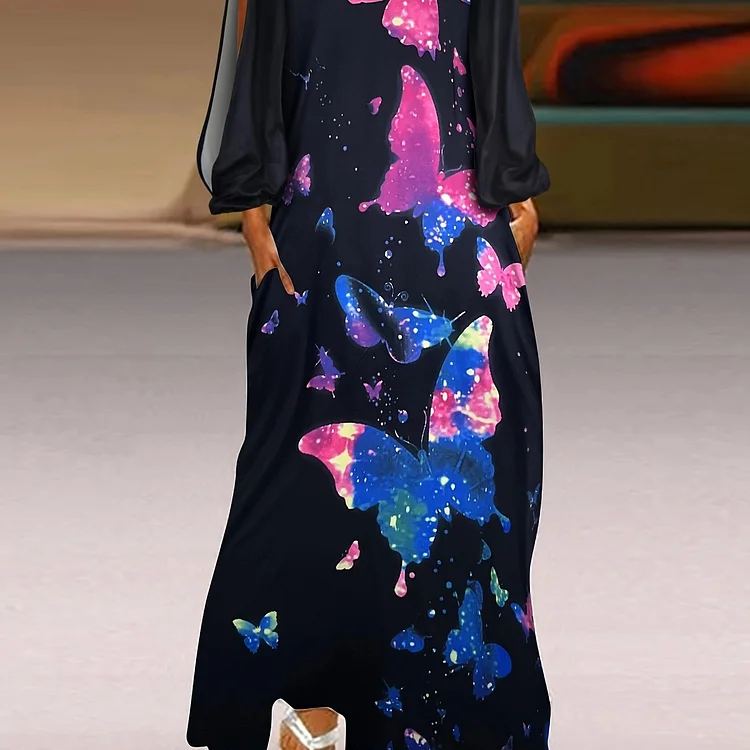 Butterfly Print Notched Neck Loose Dress, Vintage Split Long Sleeve Loose Maxi Dress With Pocket, Women's Clothing