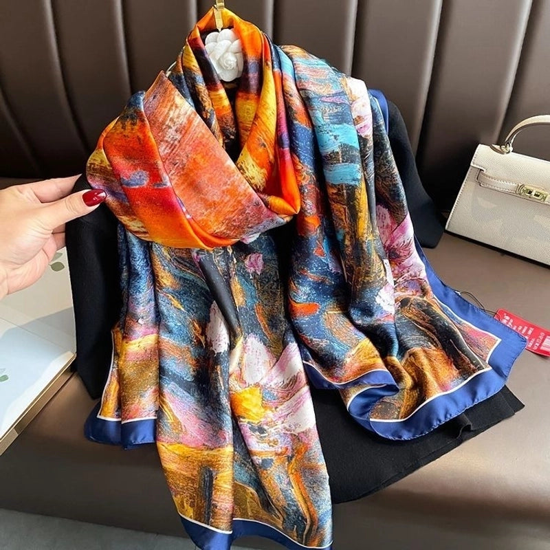 Women’s Fashion Letter Plaid Satin Printing Silk Scarves