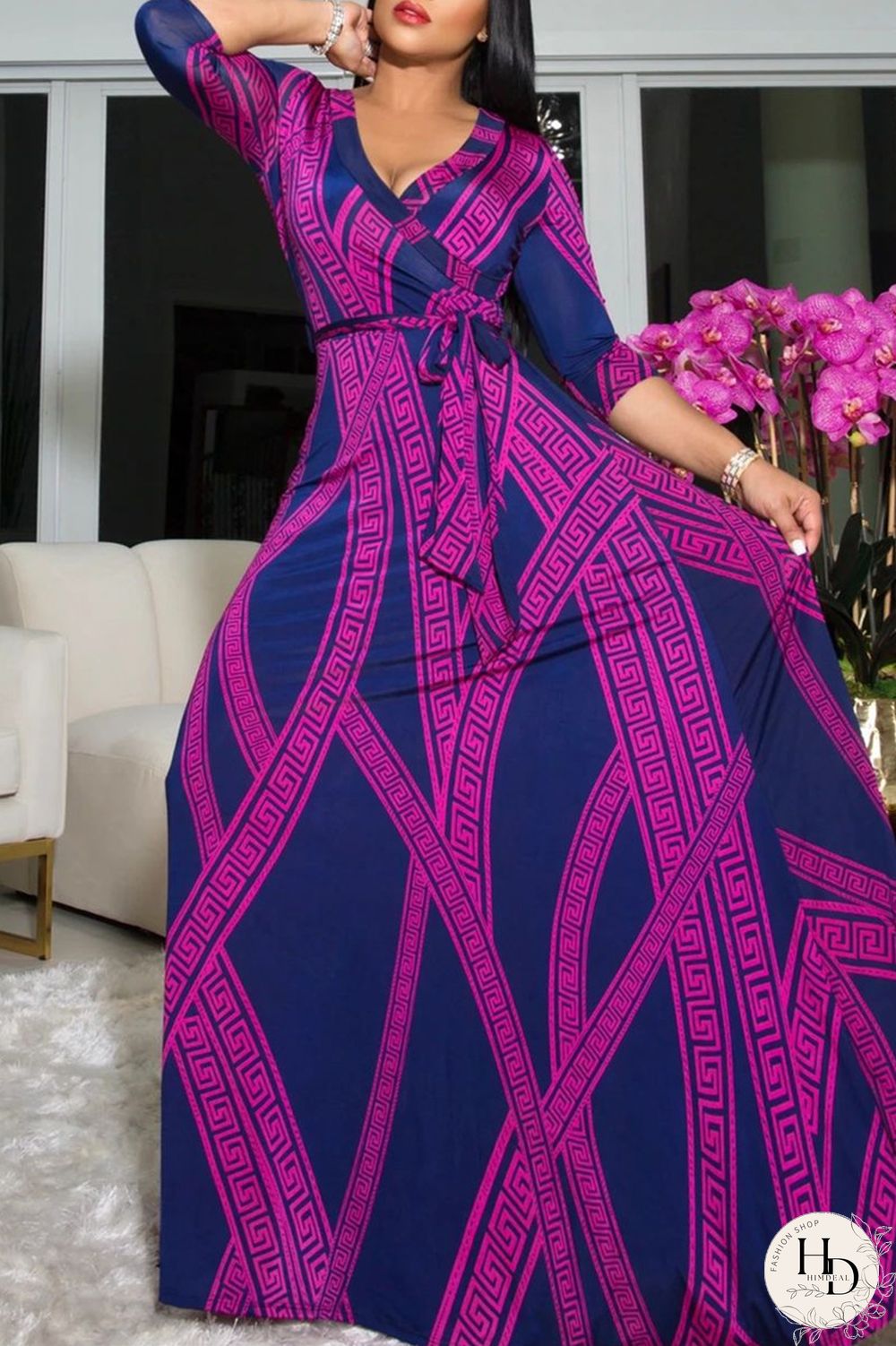 Blue Purple Fashion Casual Print Bandage V Neck Long Sleeve Dresses