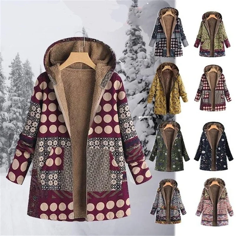 Women's Vintage Ethnic Coats Winter Printed Pockets Hooded Zipper Jackets Full Sleeve Casual Plus Size Plush Parkas Coats